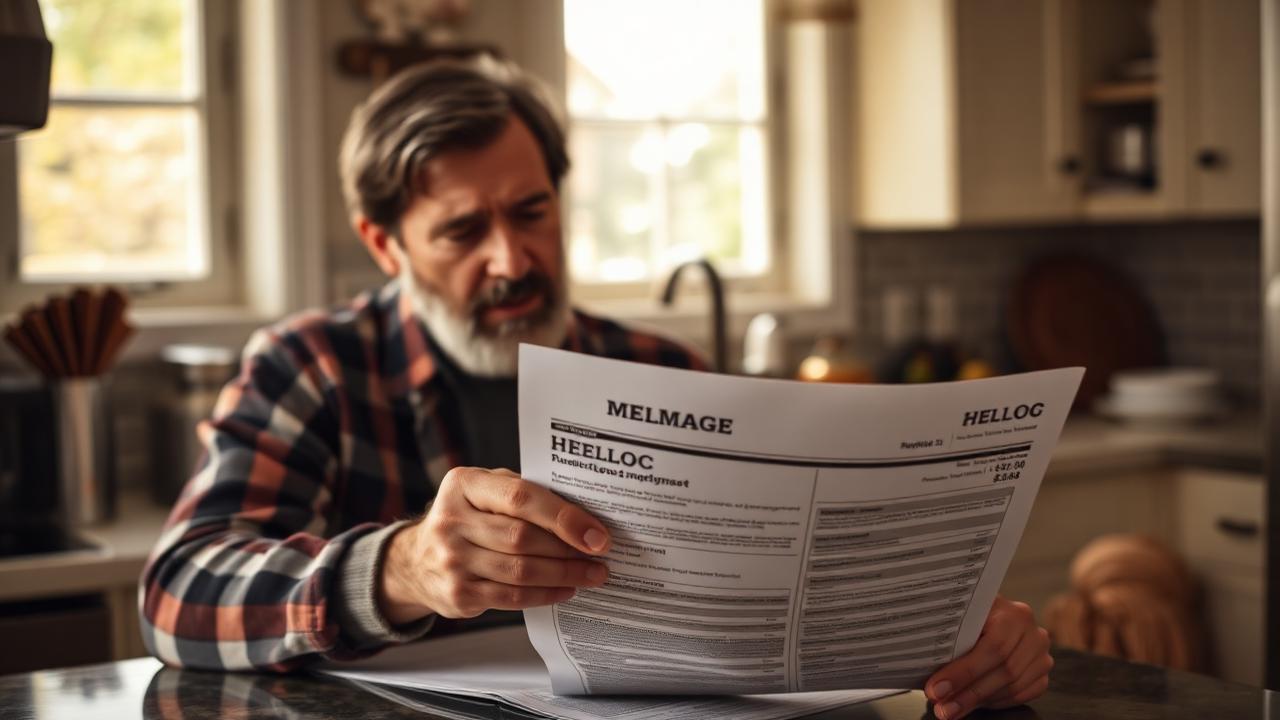 Homeowner reviewing a HELOC mortgage statement with a concerned expression
