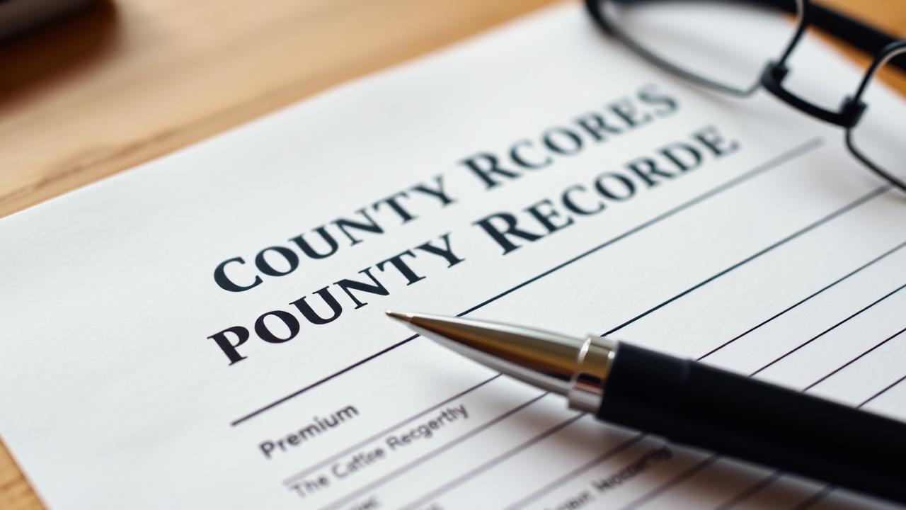 Close-up of a county recorder's property record document with a pen and reading glasses