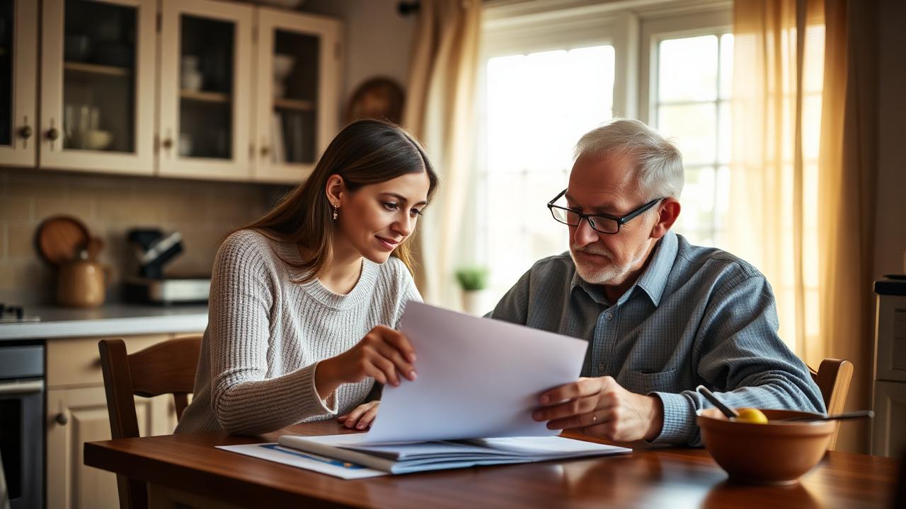 Adult daughter helping her elderly father review property paperwork at a kitchen table