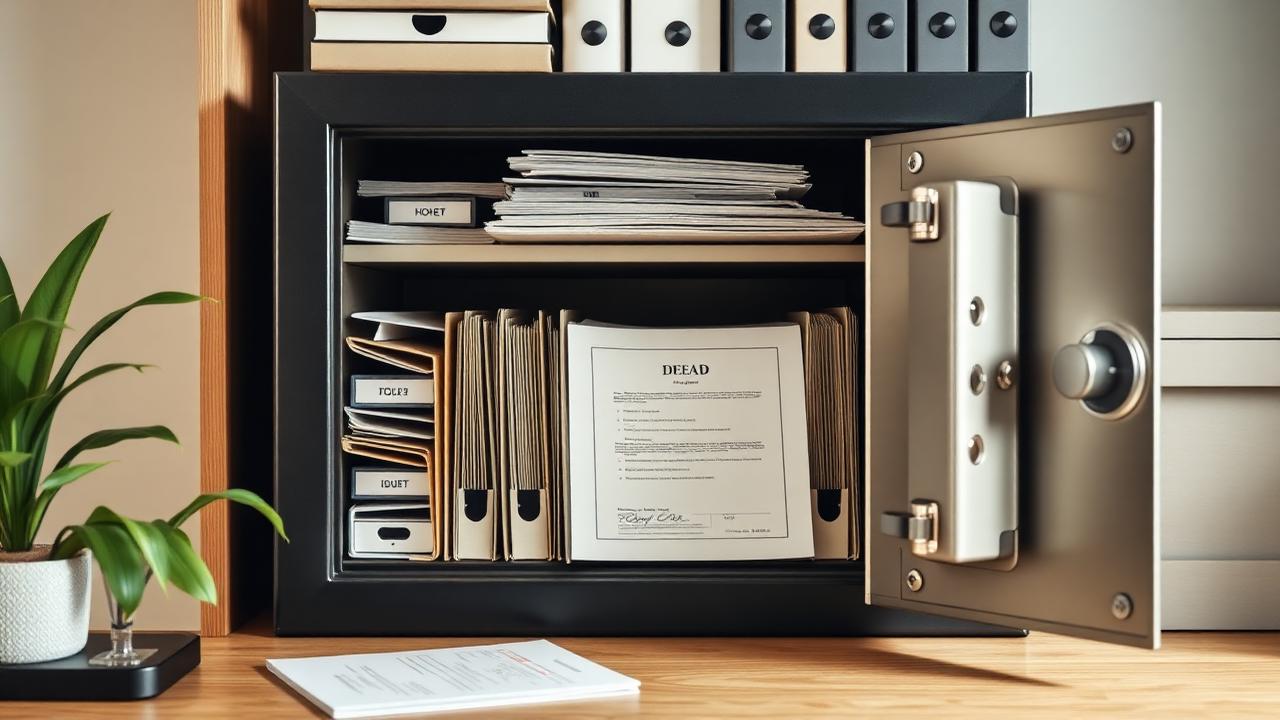 Fireproof home document safe open showing labeled folders and a deed