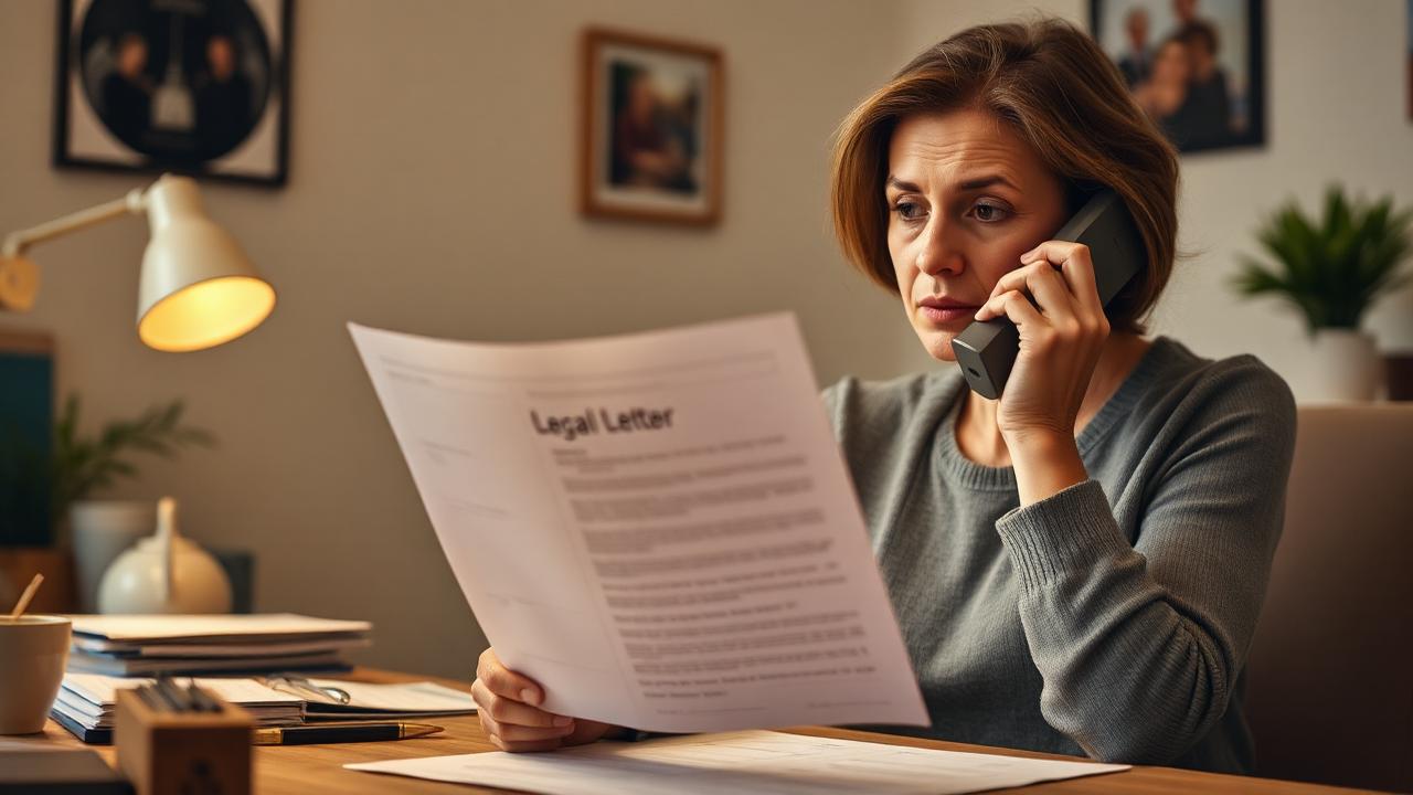 Concerned homeowner on the phone holding a suspicious legal letter